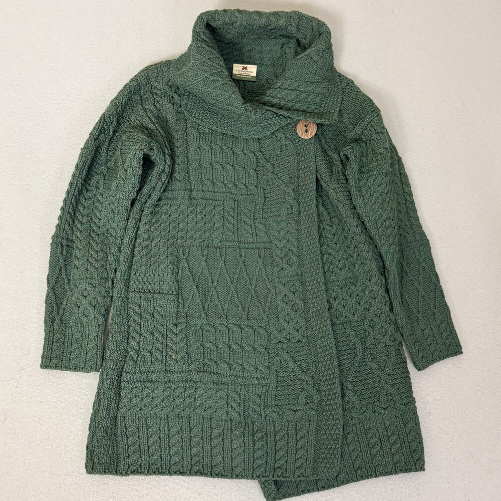 Carraig Donn Merino Wool Aran Cardigan Sweater Small Green Made in Ireland